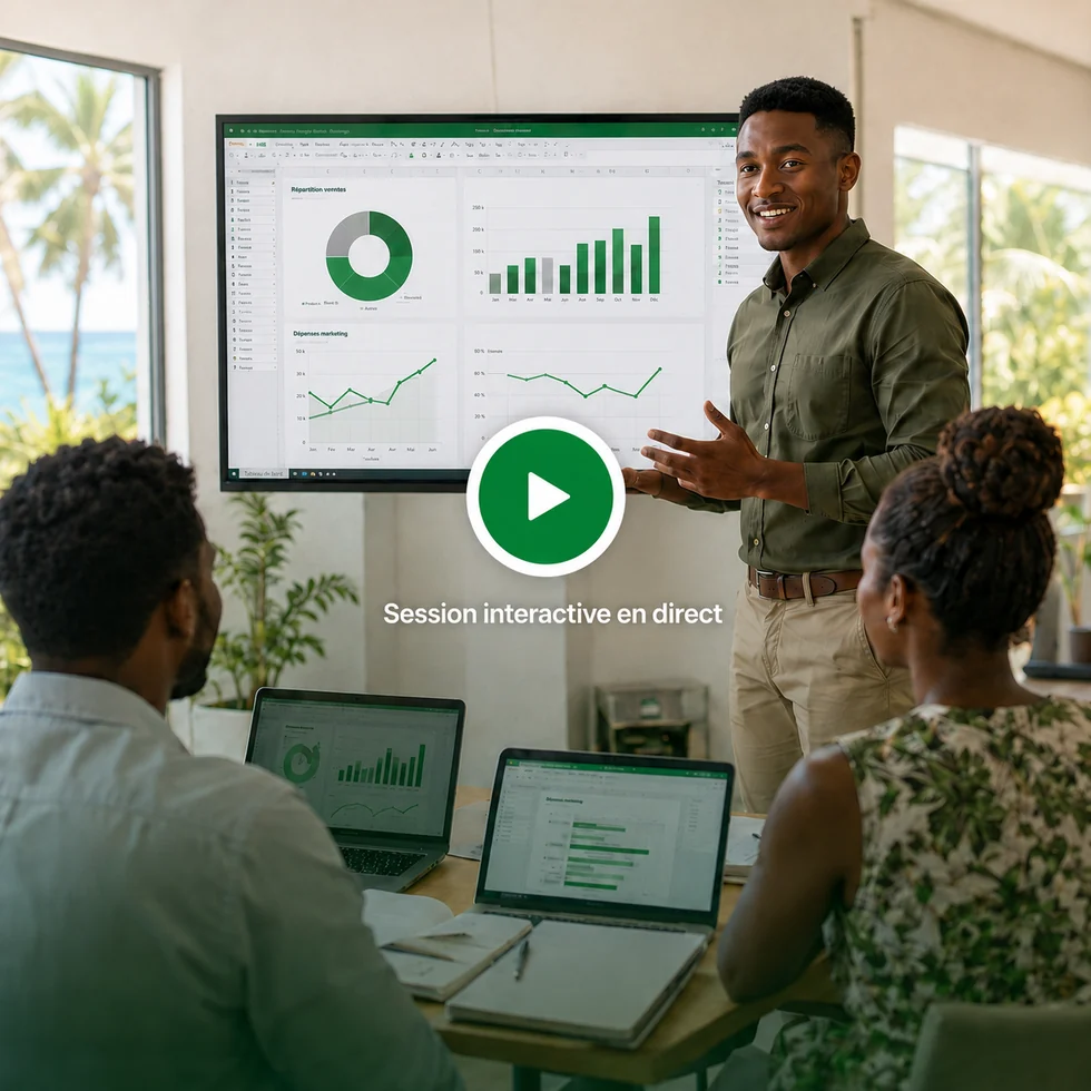 Formateur présentant un tableau de bord Excel devant un groupe